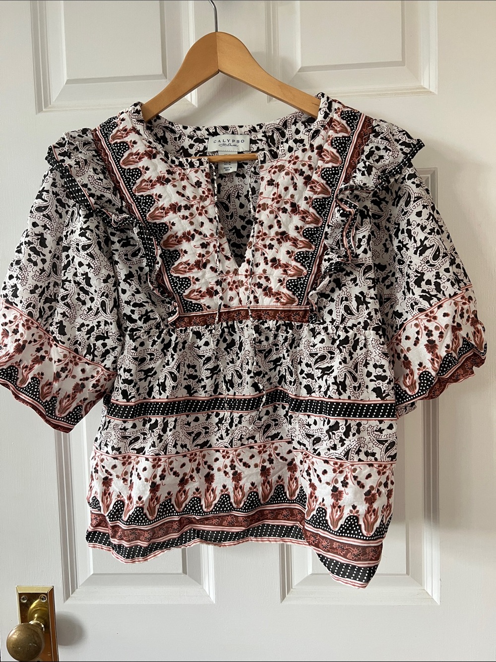 Calypso St. Barth Black & Rust Paisley Peasant Blouse